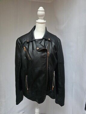 Bellivera Women's XXL Black Faux Leather Moto Jacket Quilted Gold Zip